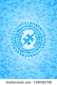 jigsaw puzzle piece icon inside realistic light blue emblem. Mosaic background