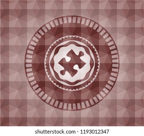 jigsaw puzzle piece icon inside red seamless emblem with geometric background.
