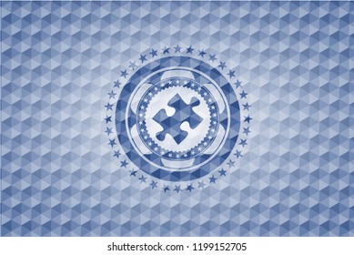 jigsaw puzzle piece icon inside blue emblem with geometric pattern background.