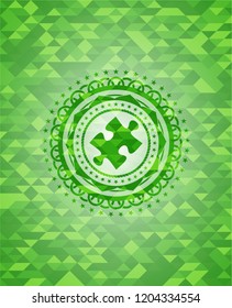 jigsaw puzzle piece icon inside green emblem with mosaic ecological style background