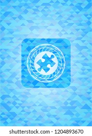 jigsaw puzzle piece icon inside realistic light blue mosaic emblem