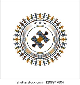 jigsaw puzzle piece icon inside arabic style badge. Arabesque decoration.