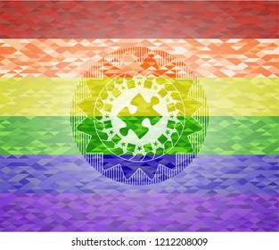 jigsaw puzzle piece icon inside emblem on mosaic background with the colors of the LGBT flag