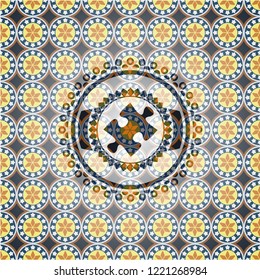 jigsaw puzzle piece icon inside arabic badge. Arabesque decoration.