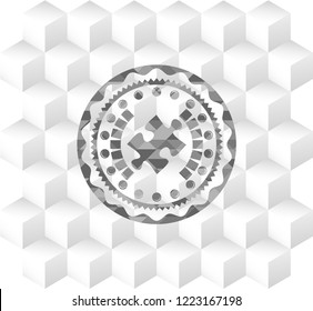 jigsaw puzzle piece icon inside grey badge with geometric cube white background
