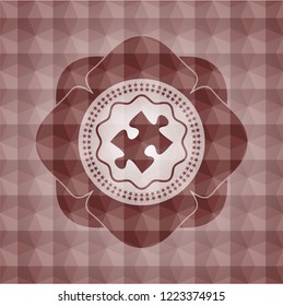 jigsaw puzzle piece icon inside red seamless badge with geometric pattern.