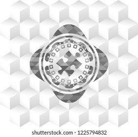 jigsaw puzzle piece icon inside grey emblem. Vintage with geometric cube white background