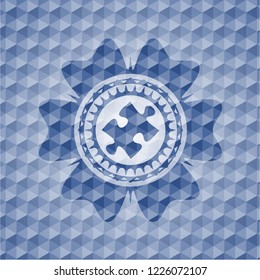 jigsaw puzzle piece icon inside blue emblem or badge with abstract geometric polygonal pattern background.