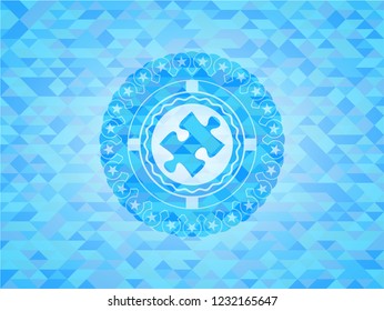 jigsaw puzzle piece icon inside realistic light blue emblem. Mosaic background