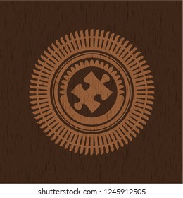 jigsaw puzzle piece icon inside realistic wooden emblem