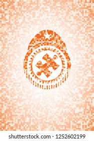 jigsaw puzzle piece icon inside abstract emblem, orange mosaic background