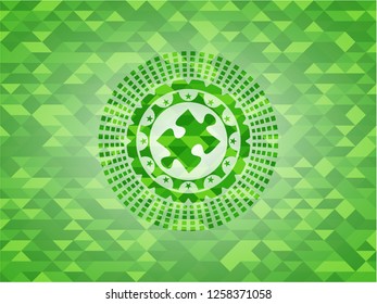 jigsaw puzzle piece icon inside green emblem with triangle mosaic background
