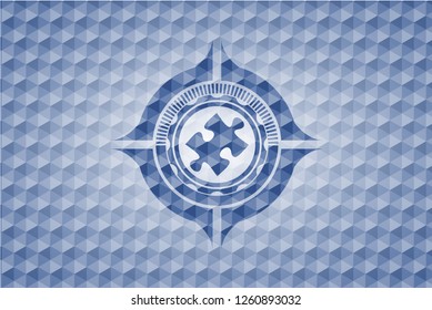 jigsaw puzzle piece icon inside blue badge with geometric background.