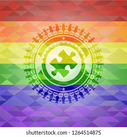 jigsaw puzzle piece icon inside emblem on mosaic background with the colors of the LGBT flag