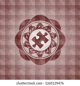 jigsaw puzzle piece icon inside red emblem or badge with geometric pattern background. Seamless.