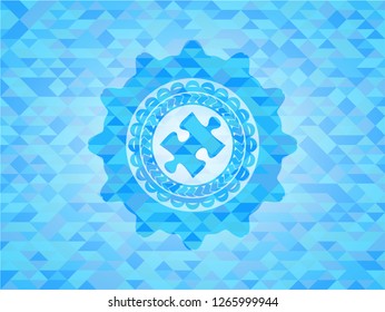 jigsaw puzzle piece icon inside sky blue emblem. Mosaic background