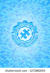 jigsaw puzzle piece icon inside realistic sky blue mosaic emblem