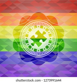 jigsaw puzzle piece icon inside emblem on mosaic background with the colors of the LGBT flag
