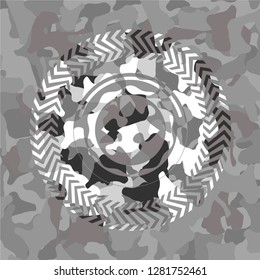 jigsaw puzzle piece icon inside grey camouflage emblem