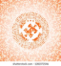 jigsaw puzzle piece icon inside abstract orange mosaic emblem