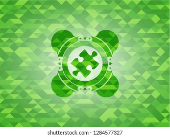 jigsaw puzzle piece icon inside green emblem with triangle mosaic background