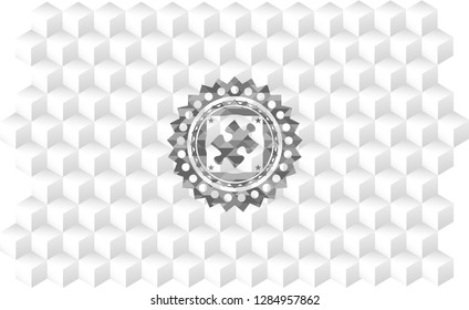 jigsaw puzzle piece icon inside grey badge with geometric cube white background