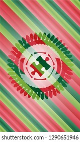 jigsaw puzzle piece icon inside christmas colors emblem.