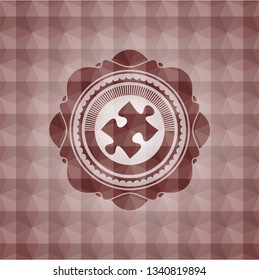jigsaw puzzle piece icon inside red seamless badge with geometric pattern background.