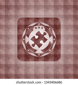 jigsaw puzzle piece icon inside red badge with geometric pattern. Seamless.