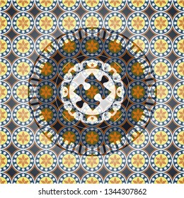 jigsaw puzzle piece icon inside arabic badge. Arabesque decoration.