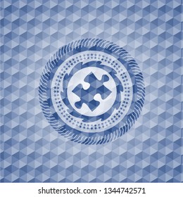 jigsaw puzzle piece icon inside blue badge with geometric background.