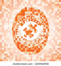 jigsaw puzzle piece icon inside abstract orange mosaic emblem with background