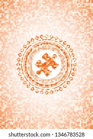 jigsaw puzzle piece icon inside abstract orange mosaic emblem