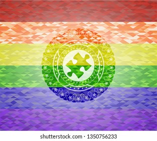 jigsaw puzzle piece icon inside emblem on mosaic background with the colors of the LGBT flag