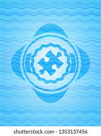 jigsaw puzzle piece icon inside water wave emblem background.