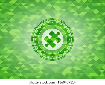 jigsaw puzzle piece icon inside green emblem. Mosaic background