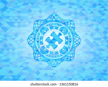 jigsaw puzzle piece icon inside light blue emblem with mosaic background