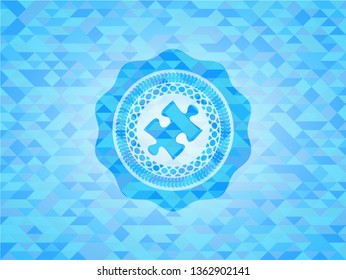 jigsaw puzzle piece icon inside sky blue emblem with mosaic ecological style background