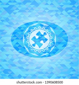 jigsaw puzzle piece icon inside realistic sky blue mosaic emblem