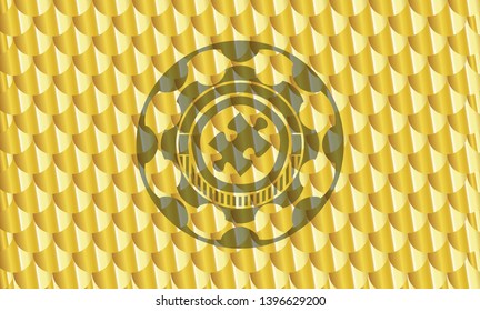 jigsaw puzzle piece icon inside shiny golden badge. Scales pattern. Vector Illustration. Detailed.