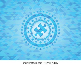 jigsaw puzzle piece icon inside sky blue emblem with triangle mosaic background
