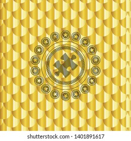 jigsaw puzzle piece icon inside shiny golden emblem. Scales pattern. Vector Illustration. Detailed.