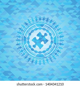 jigsaw puzzle piece icon inside realistic sky blue emblem. Mosaic background