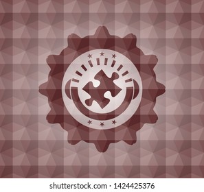 jigsaw puzzle piece icon inside red emblem or badge with abstract geometric polygonal pattern background. Seamless.