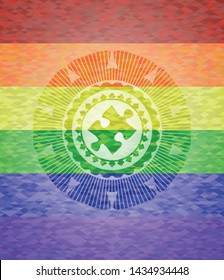 jigsaw puzzle piece icon inside lgbt colors emblem 