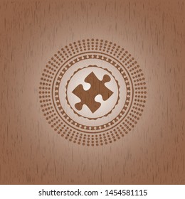 jigsaw puzzle piece icon inside realistic wooden emblem