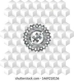 jigsaw puzzle piece icon inside grey badge with geometric cube white background
