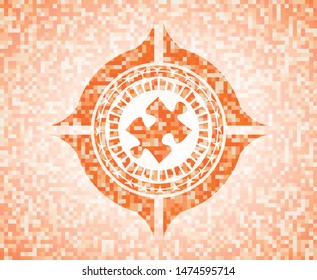 jigsaw puzzle piece icon inside abstract orange mosaic emblem