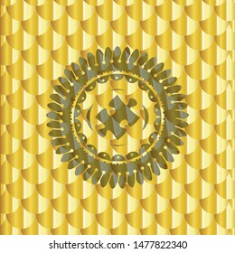 jigsaw puzzle piece icon inside gold shiny badge. Scales pattern. Vector Illustration. Detailed.