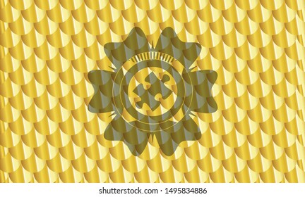 jigsaw puzzle piece icon inside gold shiny badge. Scales pattern. Vector Illustration. Detailed.